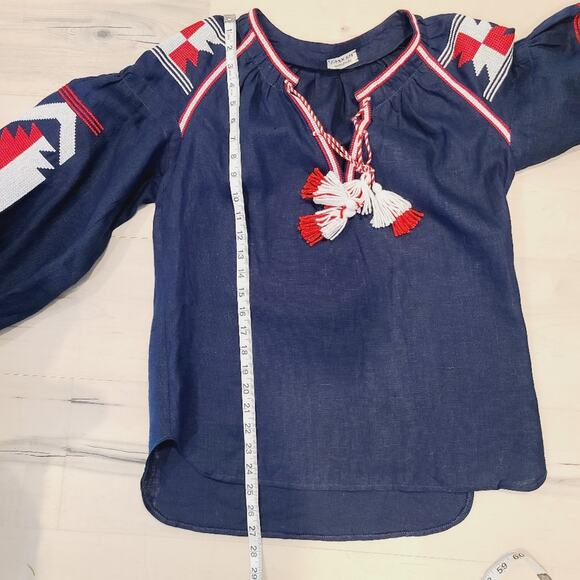 Fanm Mon Hand Embroidered Linen Peasant Blouse Navy Red EU 42 US M Artisan - Picture 7 of 7